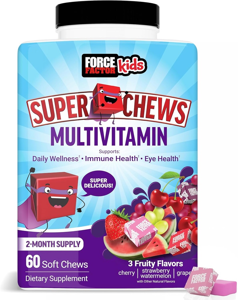 Factor de fuerza Los niños Multivitamina Super Chews, Vitaminas para niños para apoyar Wellness, Immune Health, Eye Health, &amp; More with 18 Vitamins, Minerals, " Antioxidants, 2-Month Supply, Multi-Flavor, 60 Soft Chews