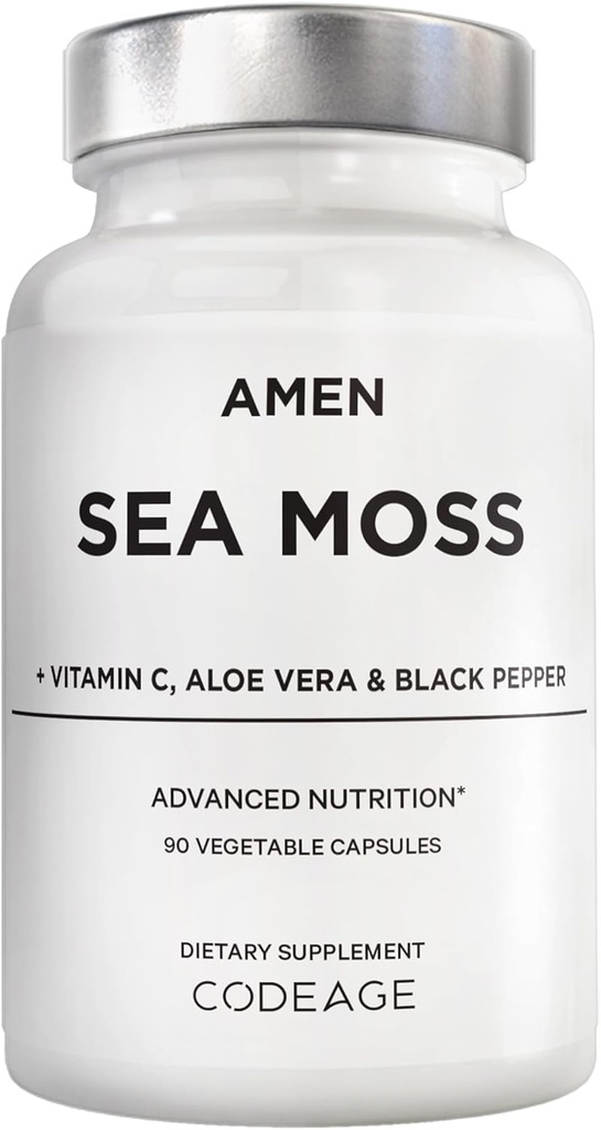 Amen Sea Moss Suplemento - 1000mg Organic Irish Sea Moss, Bladderwrack, Burdock - Vitamina C, Aloe Vera, Black Pepper - Seaweed Superfood, Vitaminas, Minerales y Antioxidantes - Non-GMO - 90 cápsulas