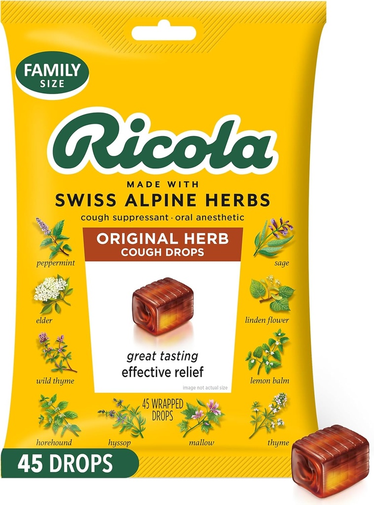 Ricola Original Herb Cough Drops, 45 Conde, Cough Suppressant & Throat Relieving Drops with Naturally Sourced Menthol, Pleasing Herbal Taste for Coughs & Throat Irritation Symptom Relief