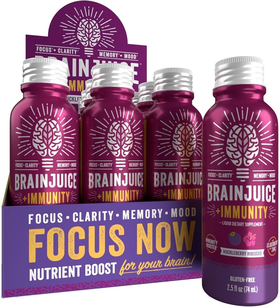 BrainJuice Brain and Immune Support Shot, Gluten Free Supplement Shots for Energy, Focus, Immunity with Vitamin D, C B, Alpha GPC & Organic Ginger Root, Huckleberry Hibiscus, 2.5 fl oz, 12 Pack