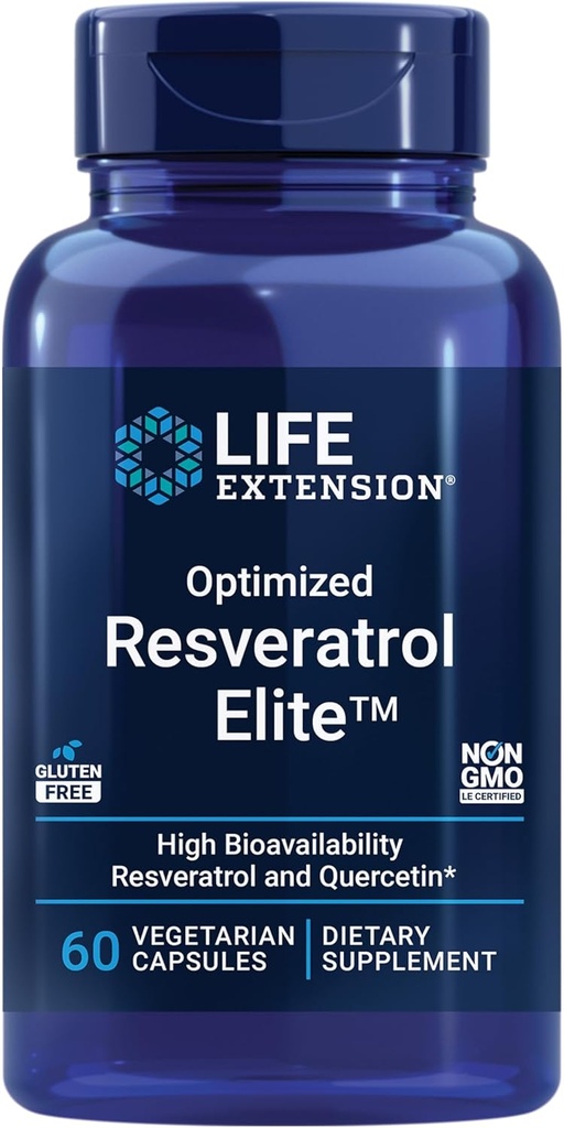 Extensión de vida Optimizada Resveratrol Elite, Trans-resveratrol, quercetina, Envejecimiento saludable, Salud cardíaca, Salud cerebral, estrés oxidativo, libre de gluten, no GMO, vegetariano, 60 cápsulas