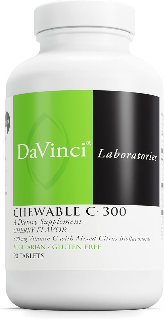 DaVinci Labs Chewable C-300 - Vitamina C Suplemento de Apoyo Salud Inmunitaria, Producción Colesteral y Colágeno - Con Vitamina C, Pectina y Más - Sin gluten - Sabor de cereza - 90 Tabletas Vegetarianas