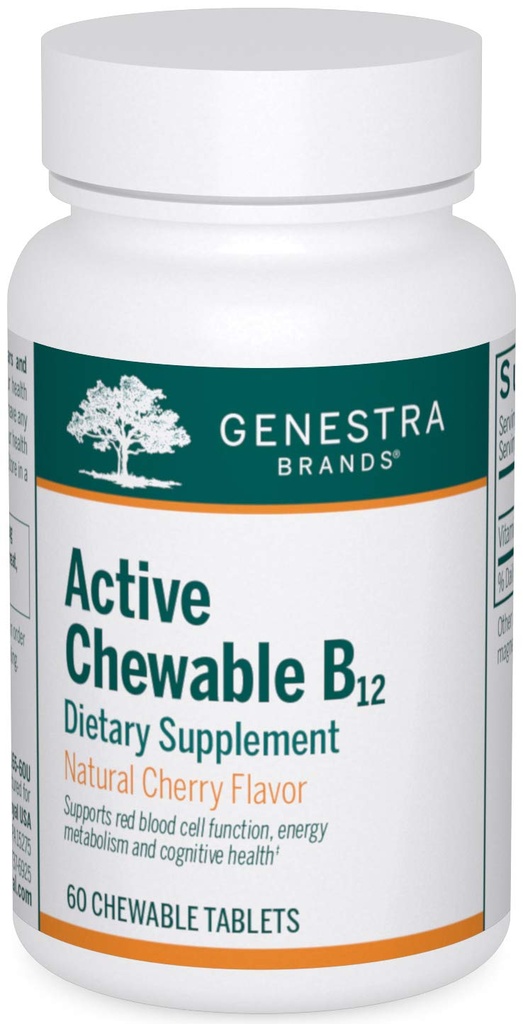 Genestra Marcas Active Chewable B12 ← Chewable Vitamina B12 Tablets ← 60 Chewable Tablets ← Natural Cherry Flavor