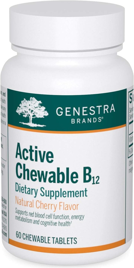 Genestra Marcas Active Chewable B12 ← Chewable Vitamina B12 Tablets ← 60 Chewable Tablets ← Natural Cherry Flavor