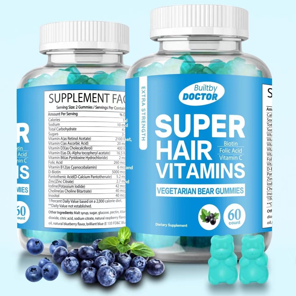 Super Biotina Gummies for Hair, Skin and Nails - Vitaminas Vegan para Hombres &amp; Mujeres, apoya el crecimiento del cabello más rápido y las uñas más fuertes - Extra Strength