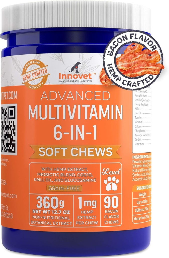 Innovet Pet Advanced Dog Multivitamin Suplementos - Probióticos, Calcio, Hemp Seed Powder " Glucosamine for Dogs - Omega 3-6-9 Suplementos - Vitaminas Suplementos para Alivio de la Ansiedad del Perro – Bacon Flavor