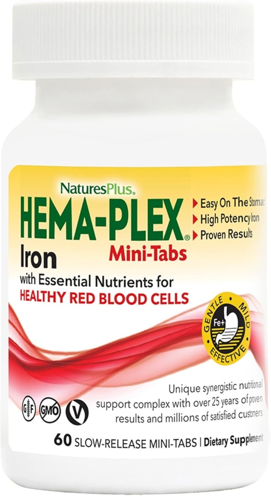 NaturalezasPlus Hierro Hema-Plex - 60 Mini-Tabs de liberación lenta - 85 mg Hierro Chelatado - Sangre Total - con Vitamina C & Bioflavonoides - Vegan, Gluten Gratis - 30 Serviciones