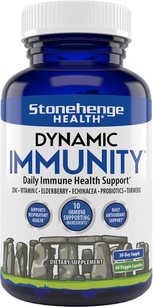 Stonehenge Health Dynamic Immunity Daily Supplement 10-in-1 Immune Boosters Zinc, Elderberry, Echinacea, Vitamina C &amp; Probiotic L. Acidophilus – Supports Immune System &amp; Respiratory Health, 60 cápsulas