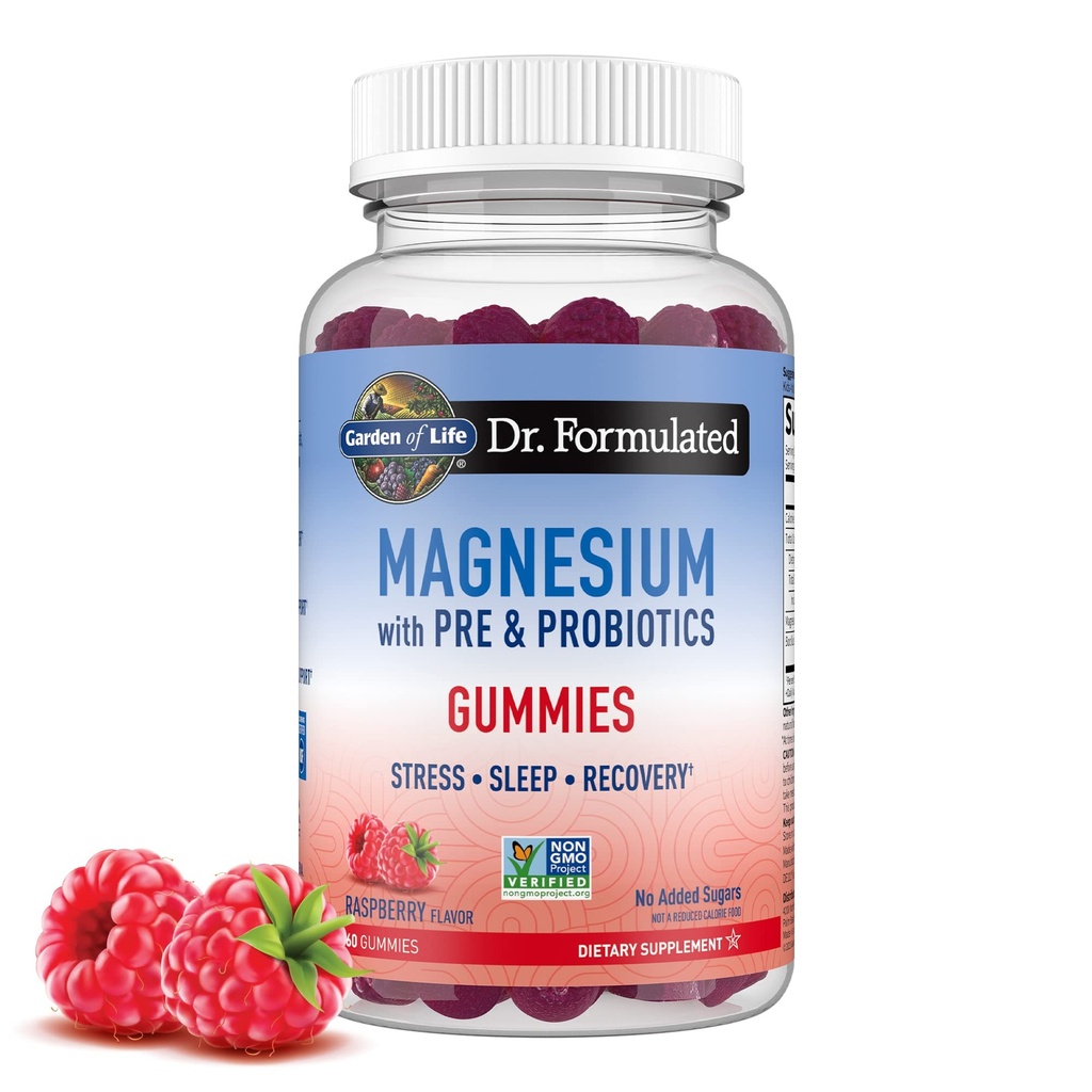 Jardin de Vida Magnesio Citrato Suplemento Gummies con Prebióticos " Probióticos para Estrés, Dormir " Recuperación - Vegan, Gluten Gratis, Kosher, Non-GMO, No Añadido Azúcares, Raspberry Flavor, 60 Conde