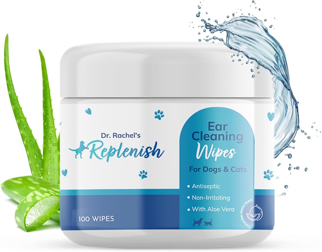 Replenish Cat and Dog Ear Cleaning Wipes - Gentle Medicated Ear Wipes for Dogs - Cucumber Melon Scent - Dog Ear Cleaner & Cat Ear Wipes for Cleaning, Soothing, and Deodorizing Itchy Ears - 100 Cuenta