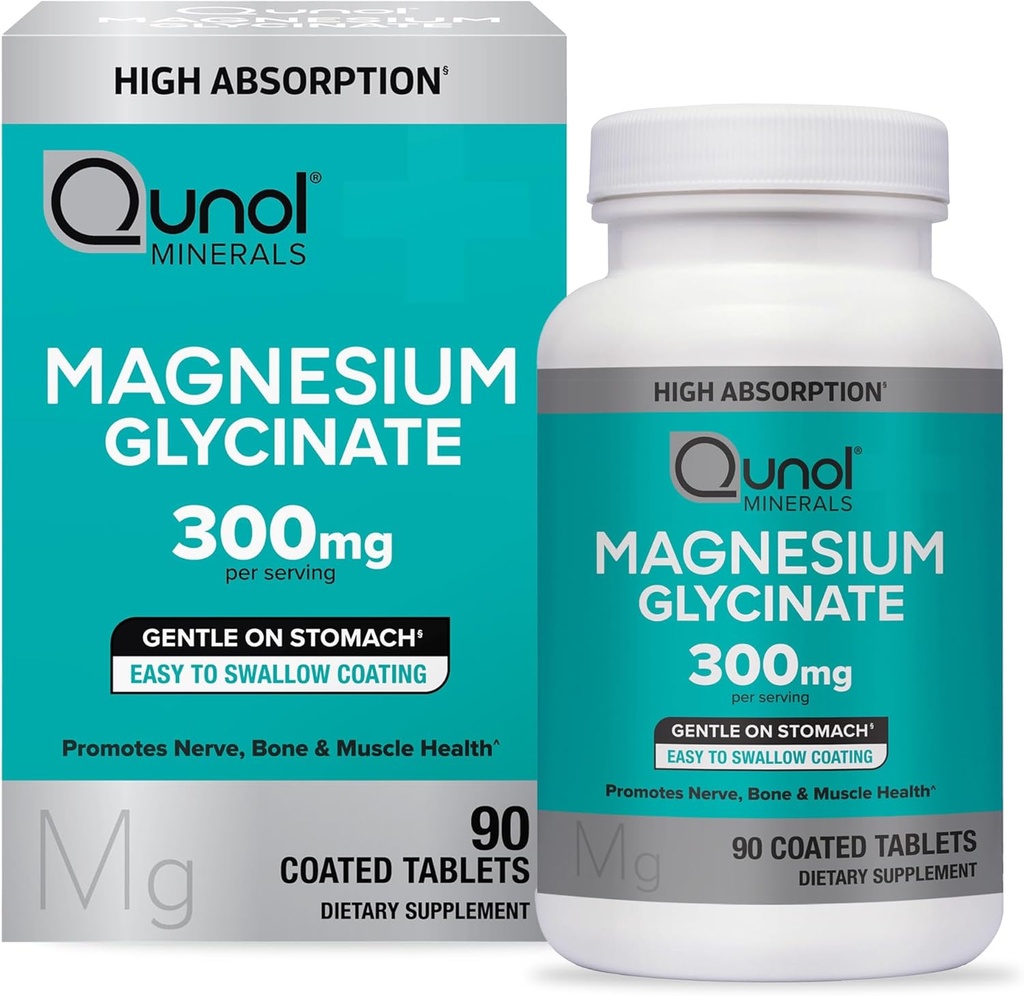 Qunol Magnesium Glycinate 300mg, 100% Glycinate Chelated Magnesium Suplemento, 90ct Tablets