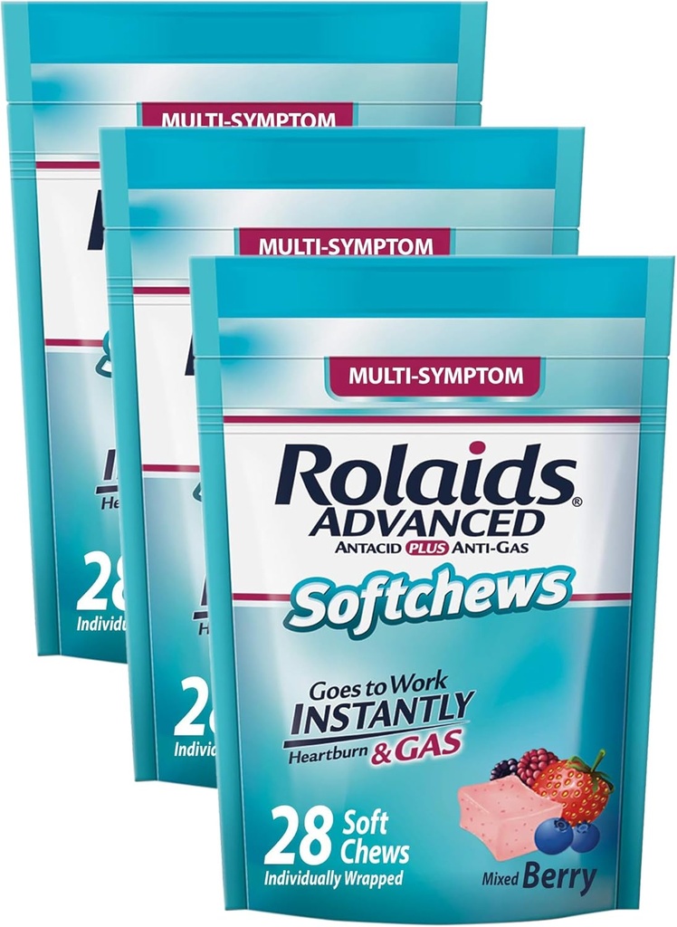 Rolaids Advanced Antacid Plus Anti-Gas Softchews, 28 Cuenta, Berry mixto, Heartburn y Gas Relief (Pack of 3)