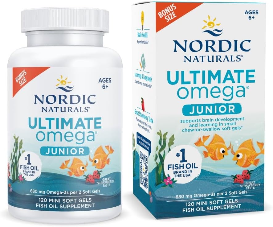 Nordic Naturals Ultimate Omega Jr., Fresa - 120 Mini Soft Gels - 680 Total Omega-3 con EPA &amp; DHA - Brain Health, Mood, Learning - Non-GMO - 60 Servimientos