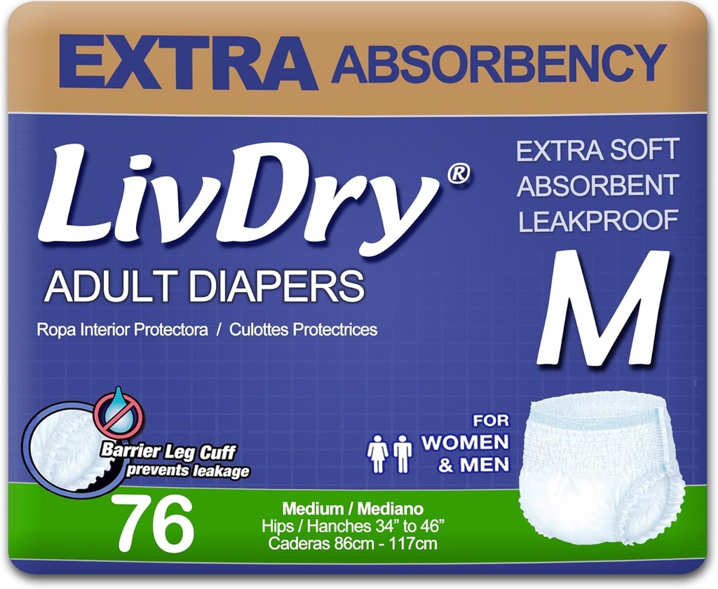 Ropa interior de incontinencia de adultos de LivDry, pañales de adultos de absorbilidad extra, protección de leak, media, 76-pack
