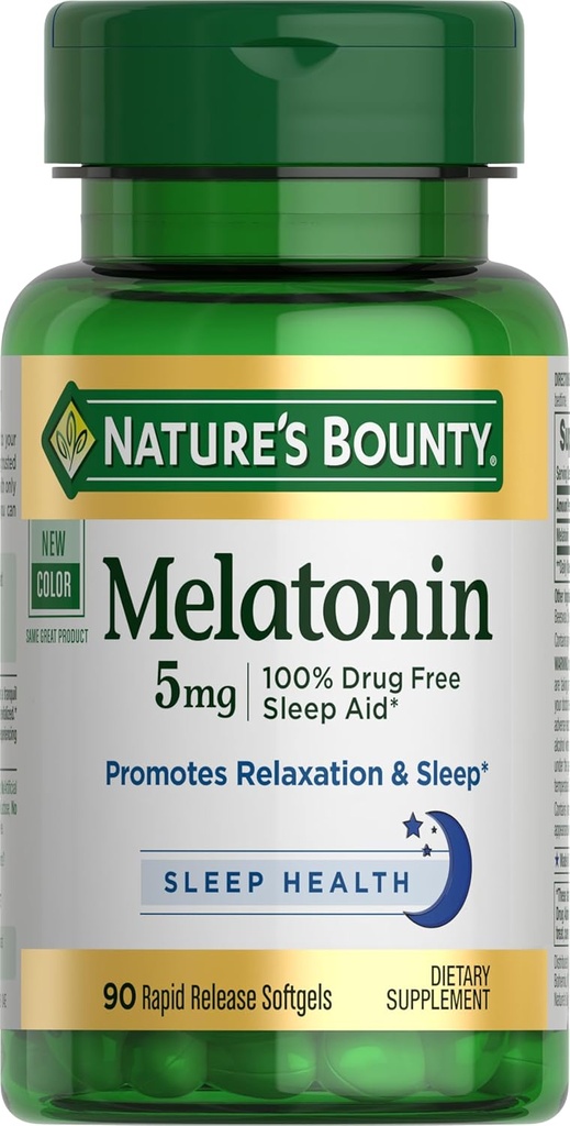 Bounty Melatonin, 100% Drug Free Sleep Aid, Dietary Supplement, Promotes Relaxation and Sleep Health, 5mg, 90 Softgels (Pack of 1)