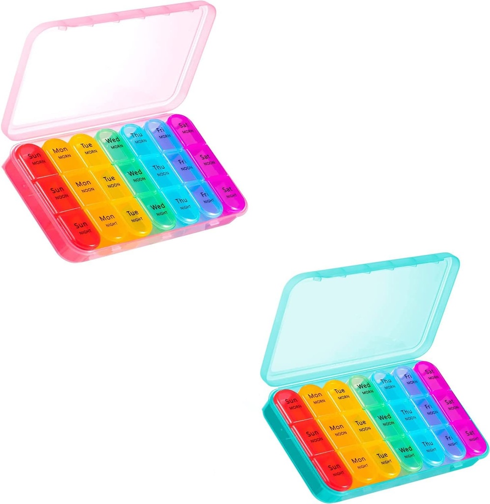 Asprink Pink and Cyan Pill Organizer 3 Times a Day - Weekly Pill Box 3 Times a Day - Daily Pill Box 7 Day Medicine Organizer, Large Pill Case Pill Box 3 Times a Day, Travel Pill Organizer