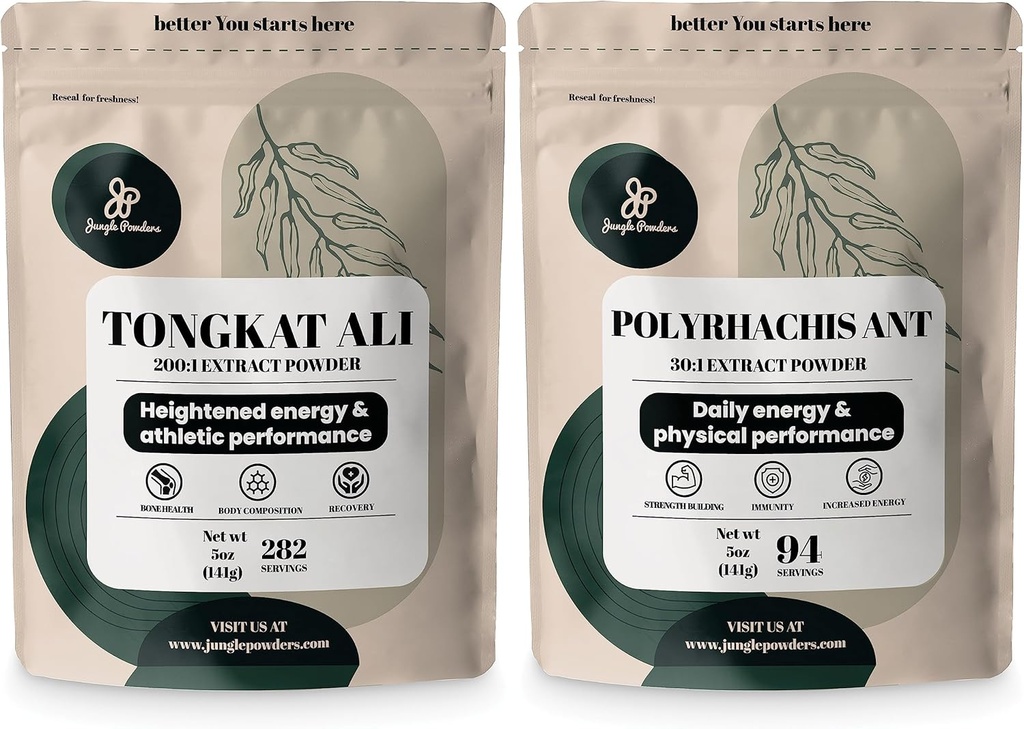 Polvos de la selva Tongkat Ali para Hombres 200:1 Extracto 282 Serviciones, Negro Ant Polvo 30:1 94 Sirve 5oz de Filler Free Longjack Root &amp; Negro Ant Suplemento Hombres Tradicionales Salud Soporte para Drive