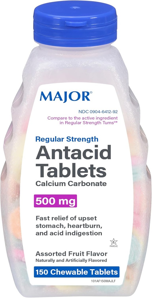 Major Regular Strength Antacid Tablets - Calcium Carbonate 500 mg - Assorted Fruit Flavor - 150 Chewable Count (1 Pack)
