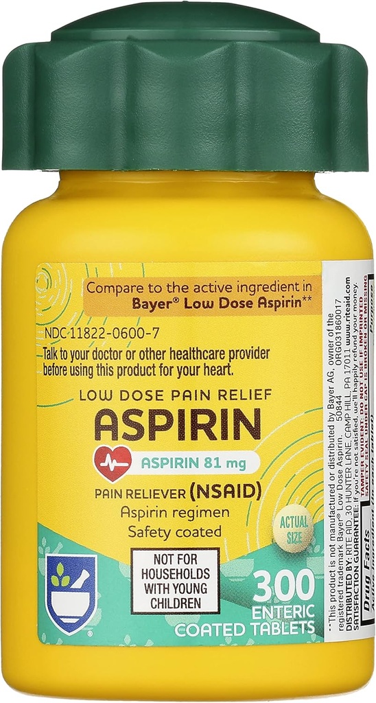 Rite Aid Aspirin Enteric Tablets, 81 mg Aspirina - 300 Conde, Bajo Dose Doin Relief, Aspirin for Headache Relief, Enteric Safety Coated Tablets, Aspirin Regimen, Migraine Medicine, Doin Relief