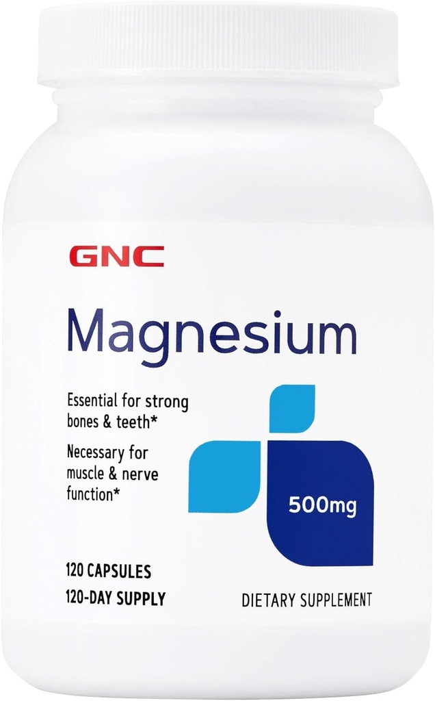 Magnesio GNC 500mg, 120 cápsulas, apoya la absorción de calcio y fuertes dientes y huesos