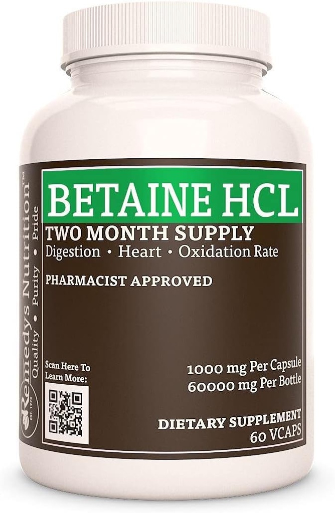 Remedy’s Nutrition Betaine HCL (Hydrochloride)  durable 1,000 mg, 60 Capsules Dietary Supplement ← Two Month Supply  Contiene Calcium Carbonate, Papain " Bromelain
