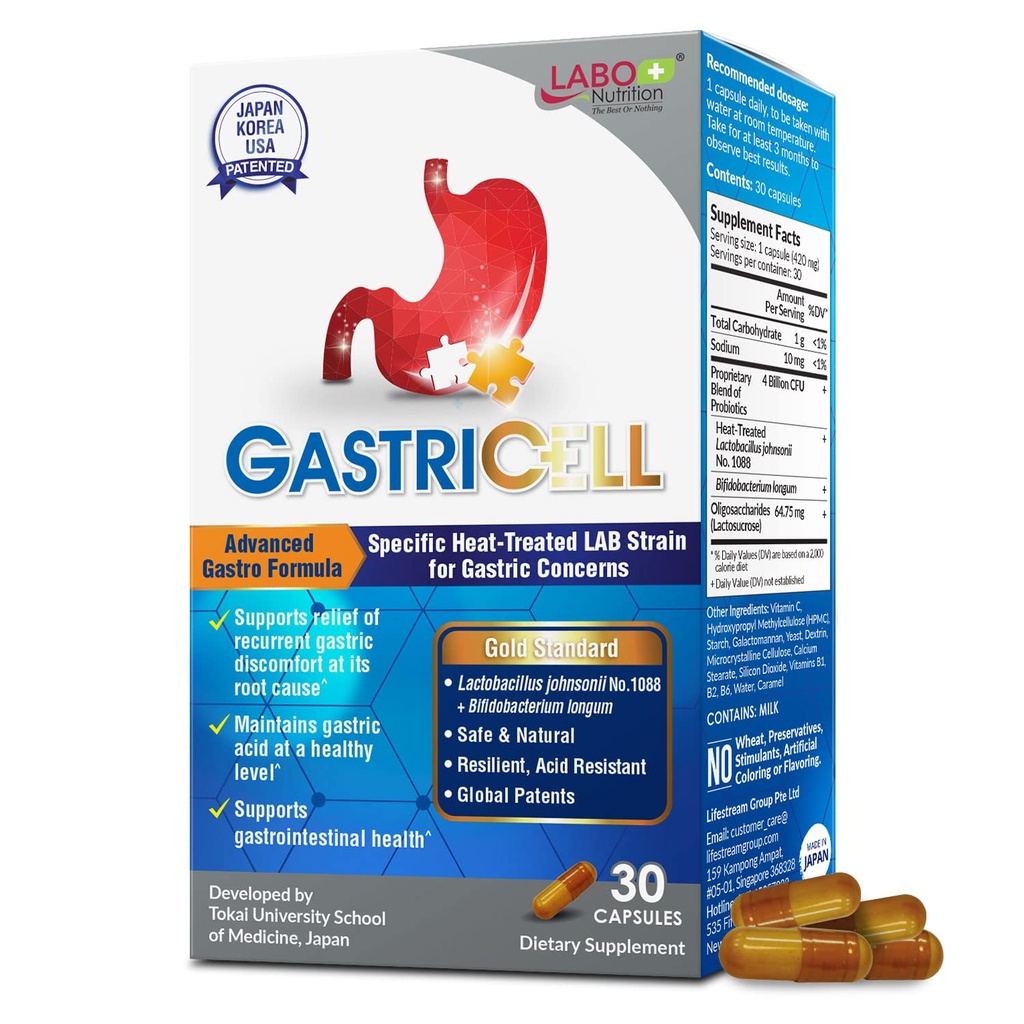 LABO Nutrition GASTRICELL - Acid Reflux, Heartburn, Recurring Gastric Discomfort For Natural Defence Against Gastric Distress, Supports Lining Integrity - Heat Treated Postbiotic, 1 Daily, 30 capsules