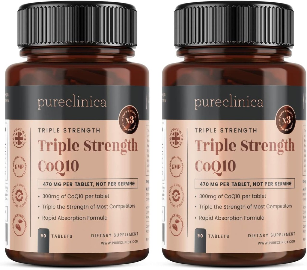 pureclinica Fermented CoQ10 300mg x 180 Tablets (2 Bottles of 90 Tablets) - 6 Months Supply. Non GMO, USP Grade. with Added Vitamin C & Black Pepper Extract for Absorption.