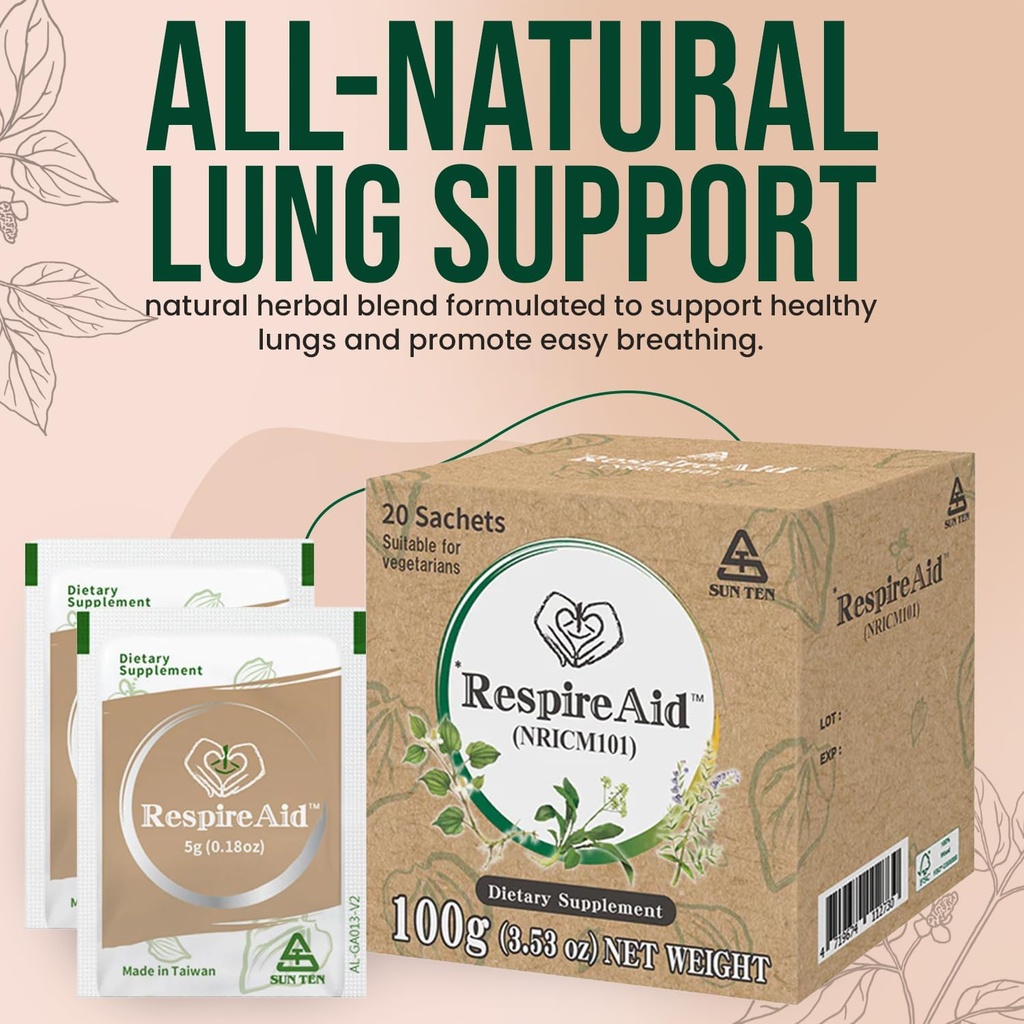 SUNTEN RespireAidTM All-Natural Lung Cleanse & Detox. Contiene propiedades naturales herbales para apoyar la función pulmonar saludable " Respiración. 100g (20 sachets); 5g por Sachet