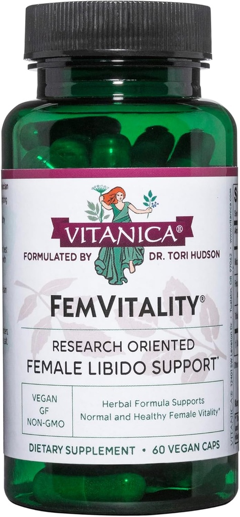 Vitanica FemVitality Libido Supplement for Women, Natural Female Libido Booster for Women, Incrementa la unidad íntima, el deseo y la resistencia, ayuda a la sequedad vaginal, Vegan 60 cápsulas