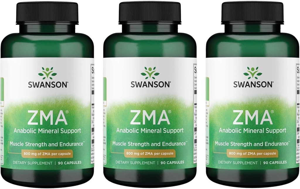Swanson ZMA - Energía, Metabolismo y recuperación de músculos Soporte para Hombres y Mujeres - Anabólico soporte mineral para atletas que combinan zinc y magnesio con vitamina B6 - (90 cápsulas, 800 mg cada uno) 3 Pack