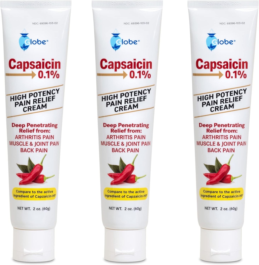 Globe (3 Pack) Capsaicina 0,1% Crema de alivio de dolor de alta potencia, sin olor (2 oz) Alivio de penetración profunda de: Artritis, músculo, unión y dolor de espalda