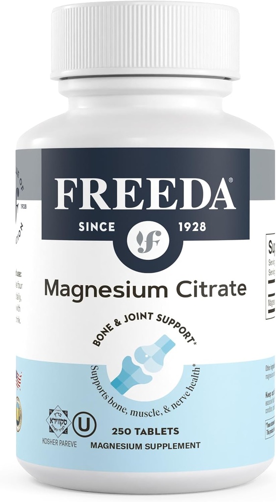 Freeda Magnesium Citrate 400mg Por Serving - High-Absorption Magnesium Citrate Tablets - Mineral esencial para Nerve & Bone Health - Vegan, Kosher, Gluten-Free Magnesium Supplement (250 Ct)
