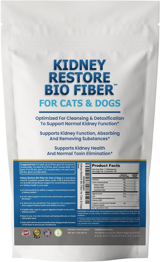 Bio Fiber for Cat &amp; Dog Kidney Support, Kidney Pet Health Supplement, Kidney Support for Dogs & Cats, Renal Support Dog, Add w/Renal Food, Support Normal Kidney Function - 60 Servings
