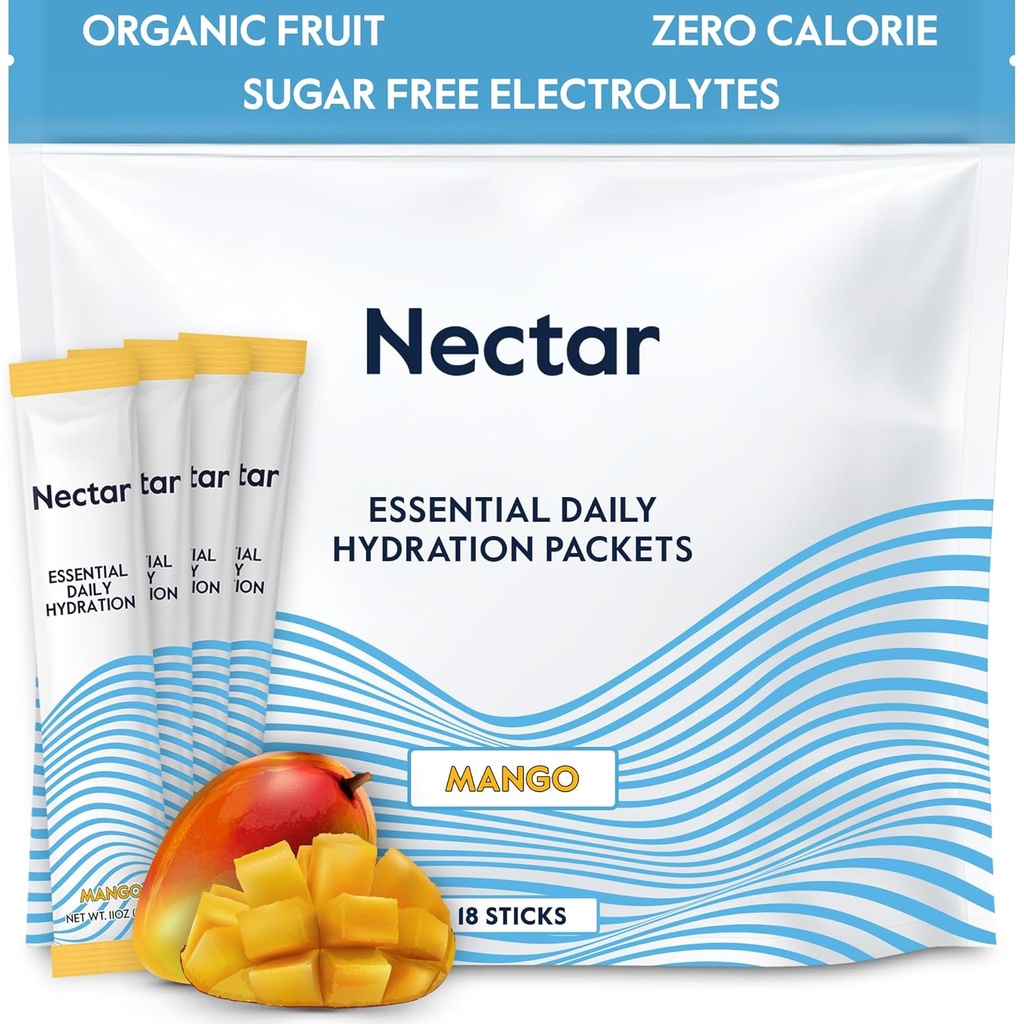 Embalajes de hidratación Nectar - Electrolitos Embalajes de polvo - Sugar Gratis > 0 Calorie - Fruto orgánico Líquido diario IV Hidrata para Alivio de Deshidratación & Rehidratación Rápida (Mango 18 Pack)
