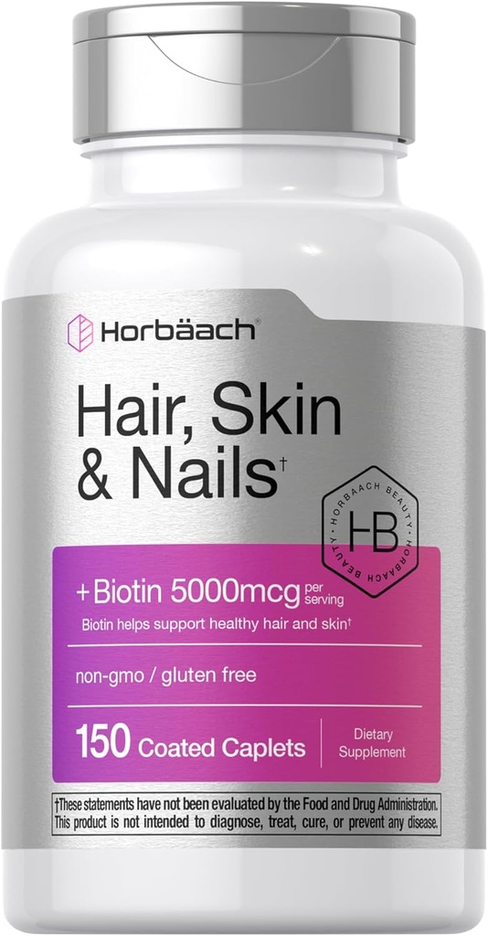 Horbäach Hair Skin and Nails Vitaminas ← 150 Caplets  durable with Biotin and Collagen tención Suplemento para Mujeres y Hombres Silenciosa No GMO, Gluten Free