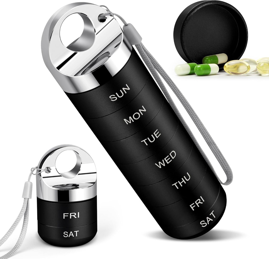 TaroKitc Metal semanal Pill Organizer, Aleación de aluminio de estilo caja de viaje, caja de píldoras diarias impermeables, 7 días de medicina Holder con gran participación para la vitamina, aceite de pescado, suplemento (negro)