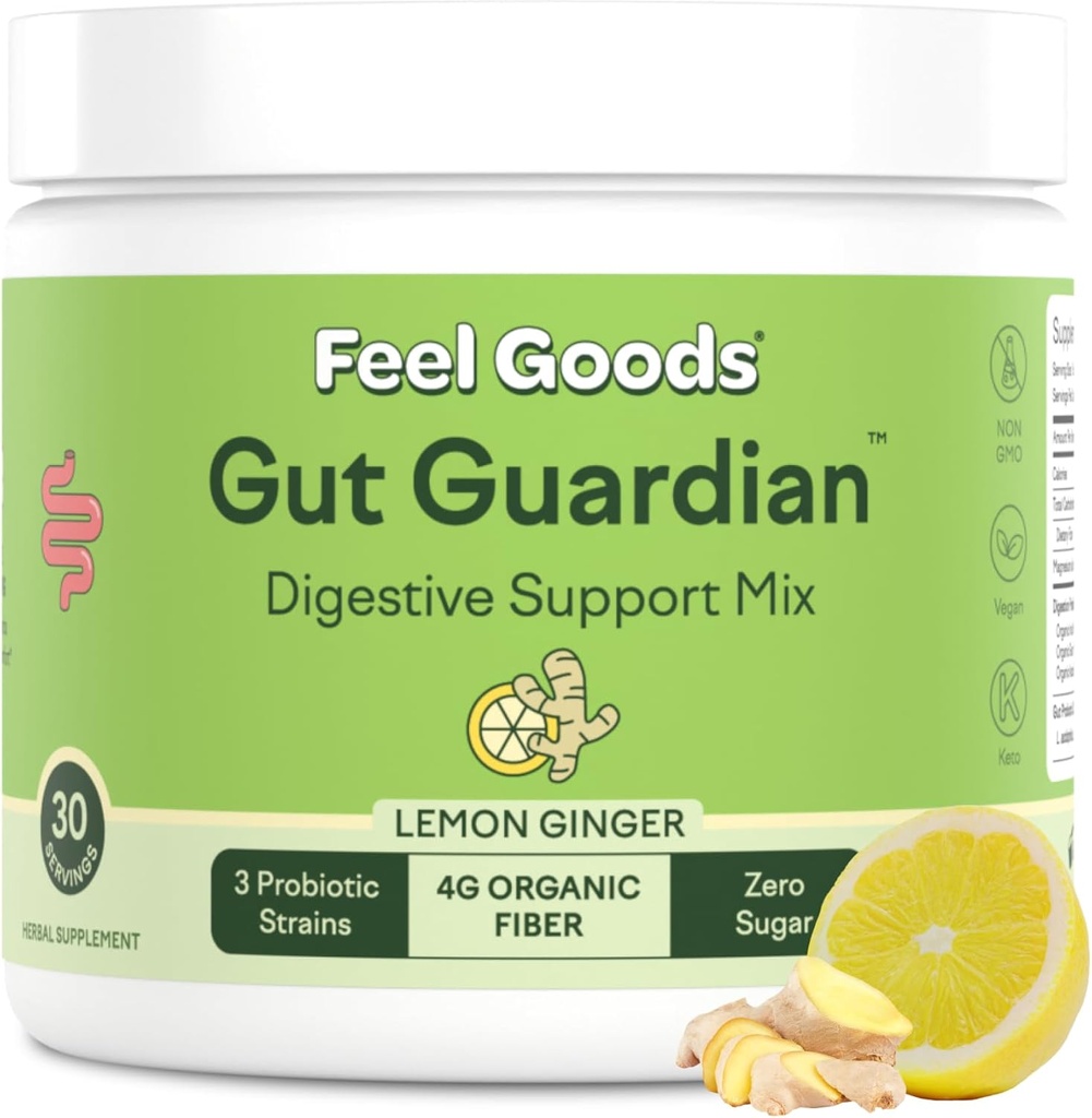Feel Goods Gut Guardian, Fibra Orgánica, Pólvora Prebiótica, Libre de Azúcar, Herbs for Bloat, Gut Health Support, Salud Digestiva para Hombres &amp; Mujeres, No GMO, Vegan, Lemon Ginger, 30 Servimientos