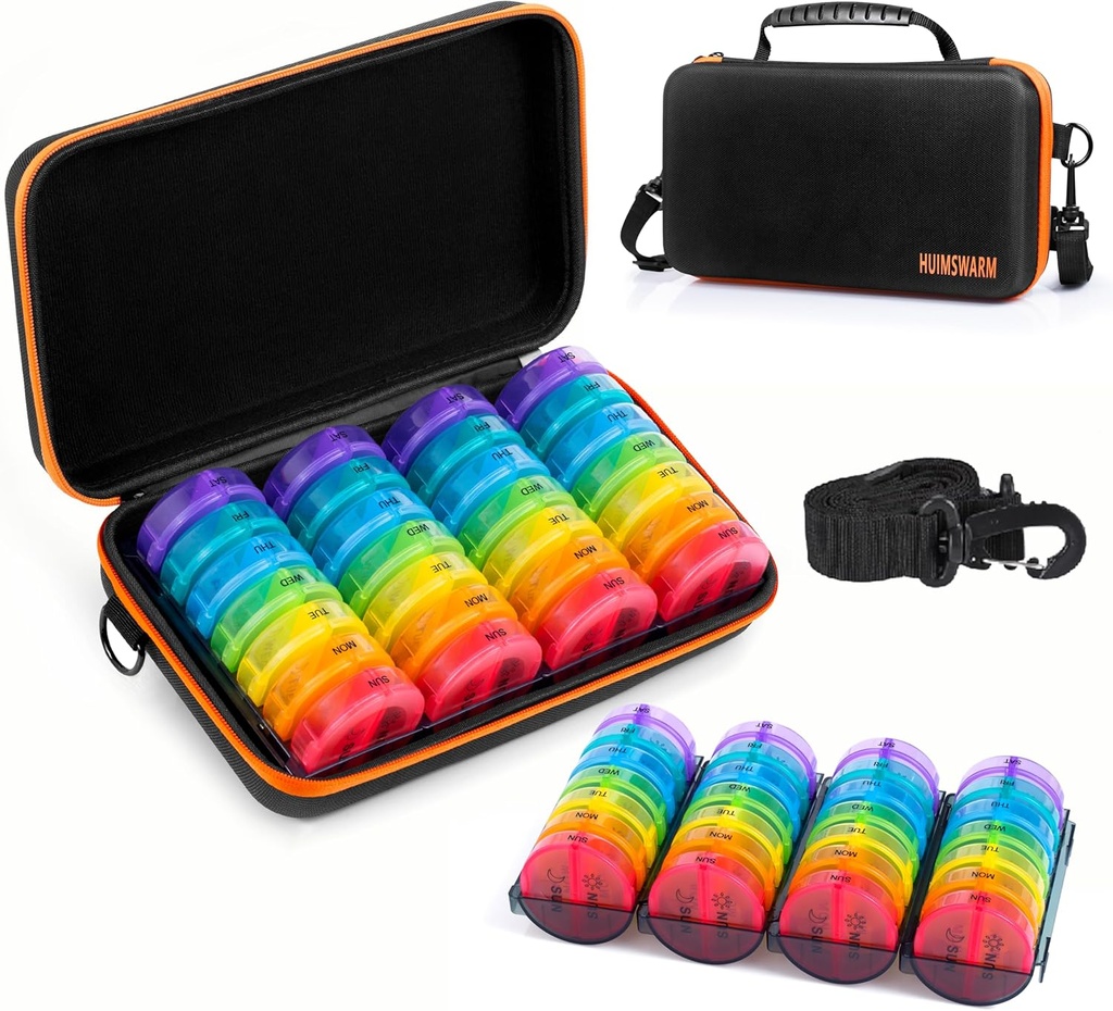 Organizador de píldoras mensuales 2 veces al día, cajas de plumas y organizador 2 veces al día,7 día, lunes, puede DIY, con caso de protección, organizador de píldoras 2 veces con el paso del hombro.