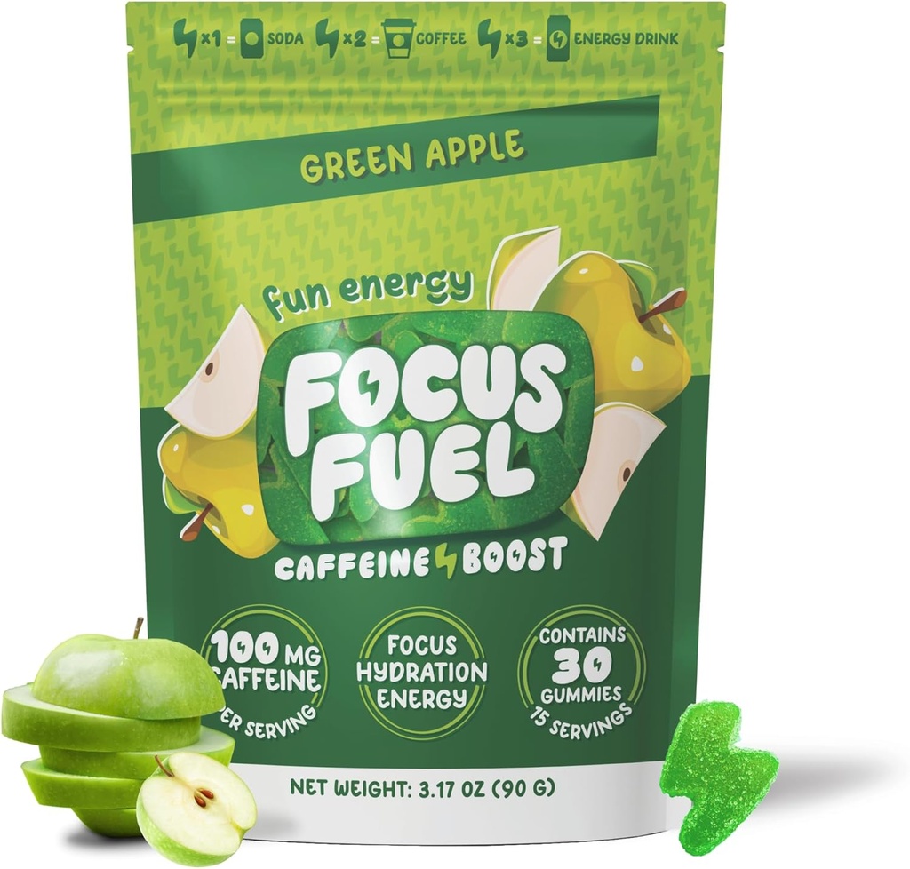 FocusFuel Energy Chews – Green Apple Flavor (15 Servings) – 100mg Caffeine + B12, Magnesium, Alpha GPC – Boost Focus &amp; Energy – No Crash or Jitters