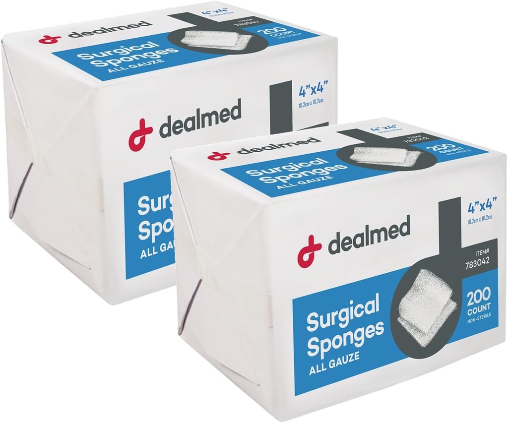 Esponjas quirúrgicas de 4" x 4", 8-Ply, esponjas de Gauze no-Woven Absorbent para el cuidado de heridas, kits de primeros auxilios e instalaciones médicas, 200 Cuenta (Pack of 2)