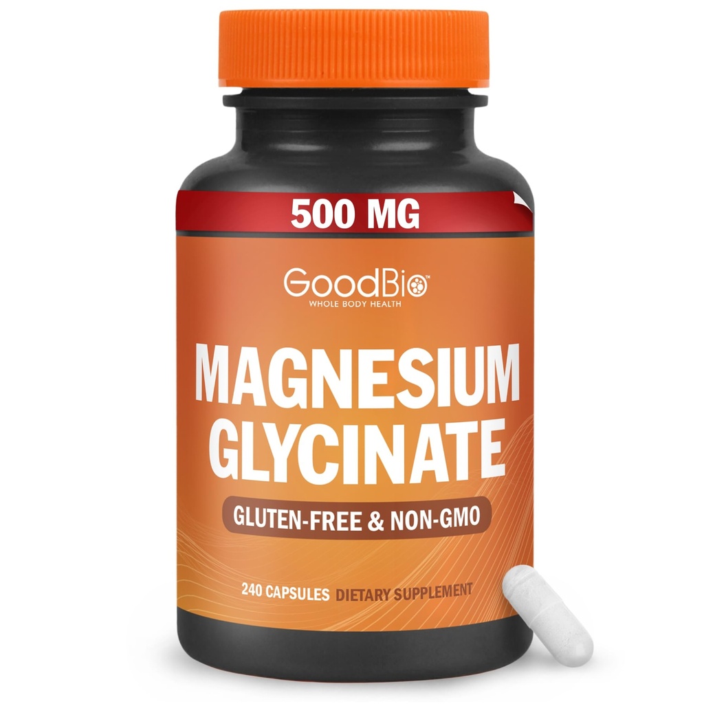 Glycinate de magnesio - Suplemento de magnesio de alta absorción 500 mg por servicio para el alivio de estrés, el sueño, el corazón y la salud de los huesos, Nerve Support - Non-GMO, Gluten-Free, Gentle on Stomach, 240 cápsulas