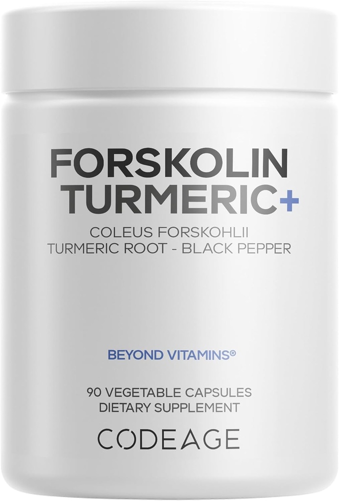 Codeage Forskolin, Pure Forskolin Coleus + Orgánica Turmeric Root Powder, 95% Curcuminoides + Bioperina Black Pepper - 20% Standardized Coleus Forskohlii Suplemento - Non-GMO - 90 cápsulas