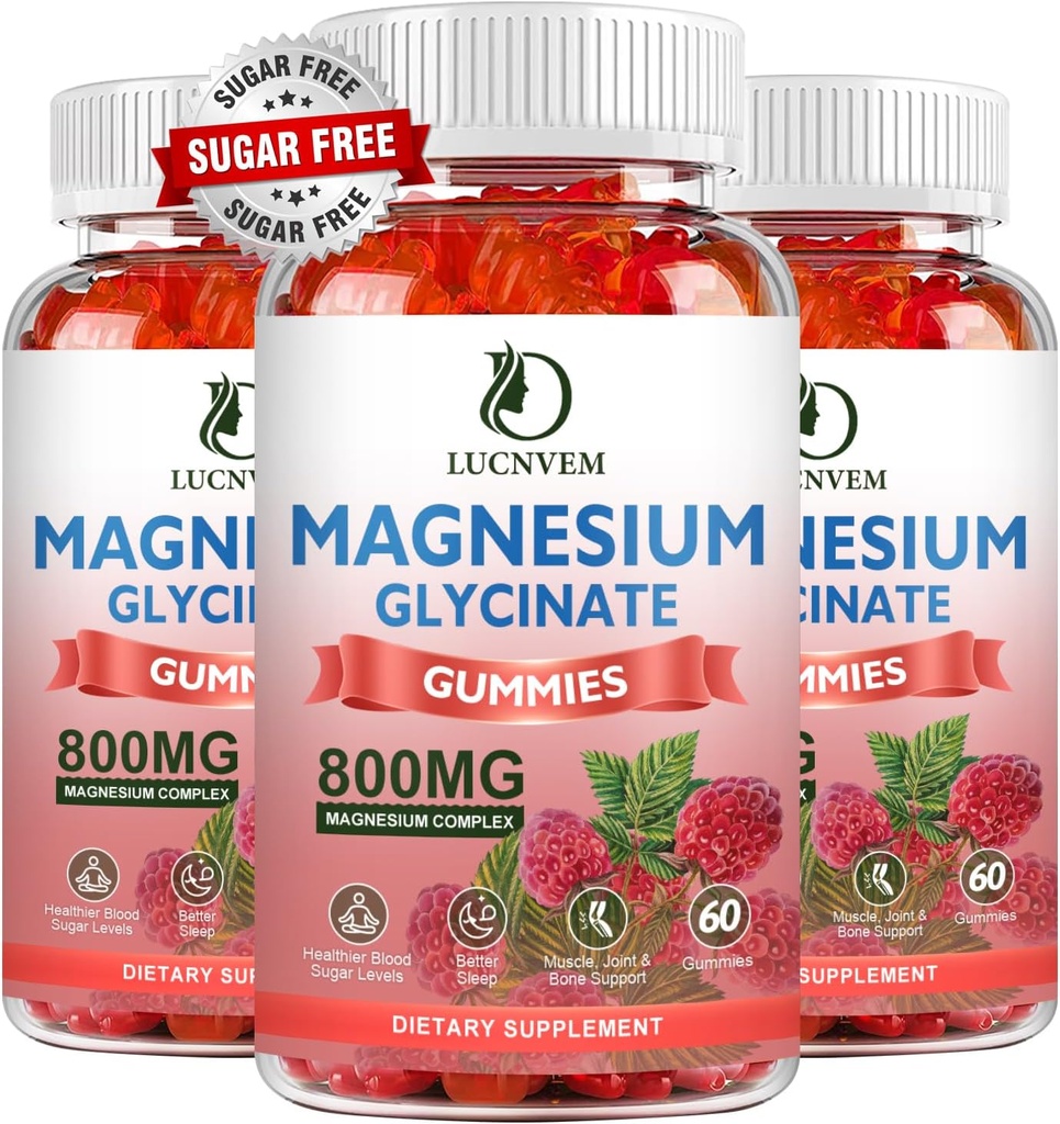Azúcar Glycinate Glycinate Gummies, 500 mg Magnesium Glycinate con 200 mg Magnesium Malate, Taurate, Oxide, COQ10, Vitamina B6 y D3, Relax, Calm Mood, 60 Raspberry Gummies(3 Pack)