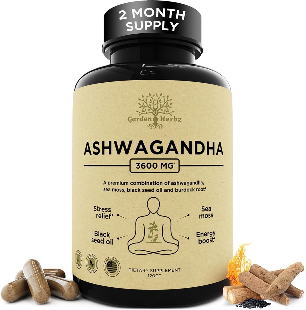 Organic Ashwagandha Root & Irish Sea Moss – 3.600 mg Ashwagandha Suplemento con Black Seed Oil, " Burdock Root – Herbal Supplement for Energy, Calm, Mood, " Wellness, 120 Caps