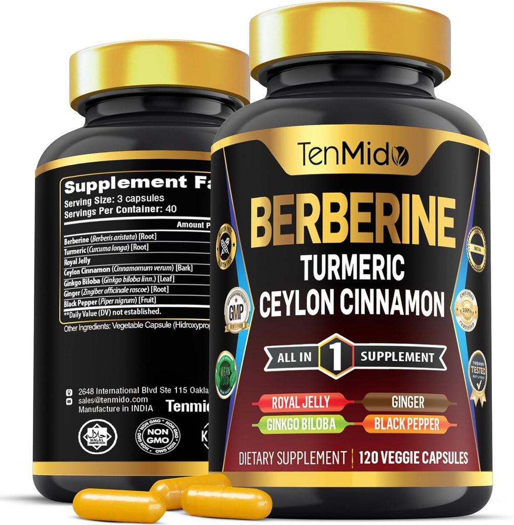 Suplemento de Berberina - 7in1 Fórmula - Combina con Turmérica, Royal Jelly, Ceylon Cinnamon, Ginkgo Biloba, Ginger &amp; Black Pepper - Salud Digestiva, Immune Support - 120 cápsulas
