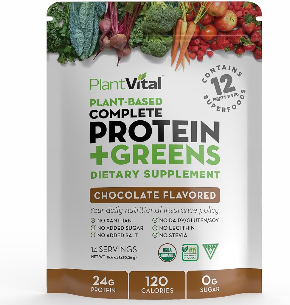 Planta de polvo vegetal vegano con base en polvo, Chocolate Proteína Orgánica 24g/0g Azúcar, 12 Superalimentos, Veggies, Probióticos, Cacao crudo, Kale, Beets, Spirulina, Pea, Libre de gluten, Keto-Friendly,16oz