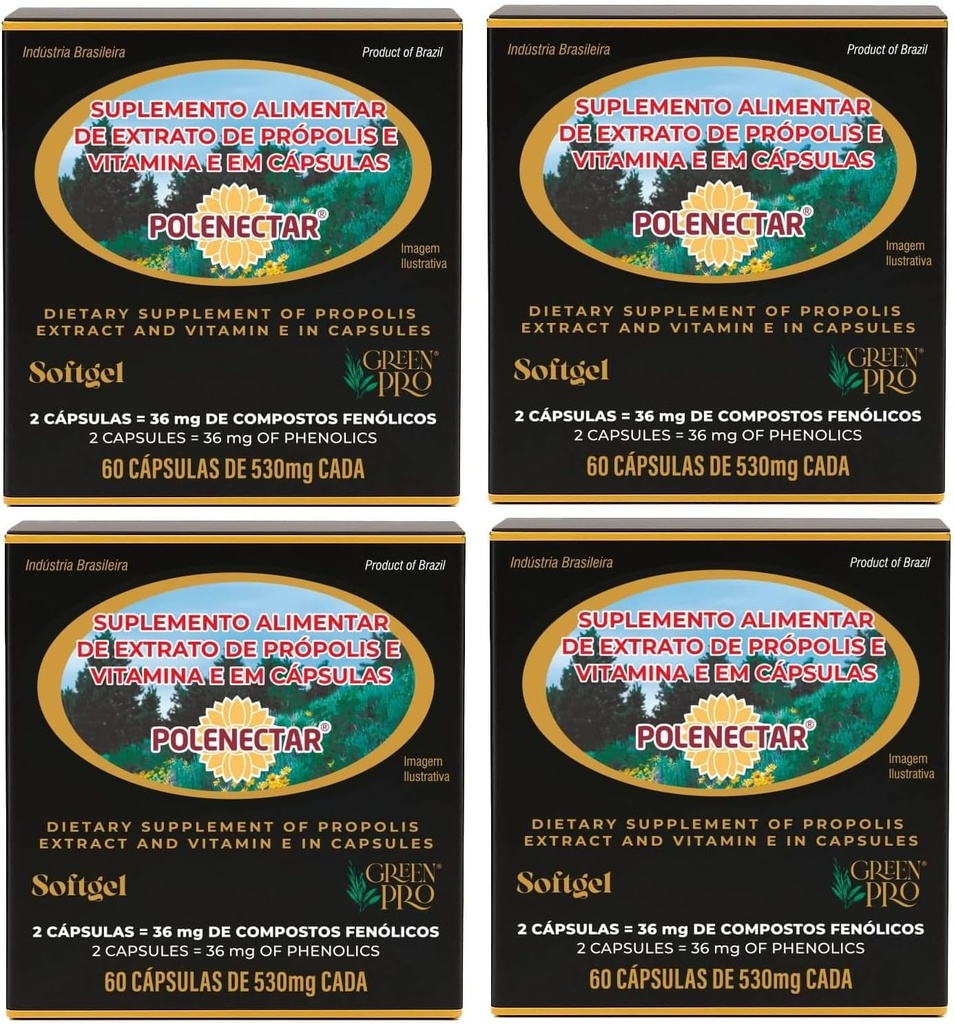 4 Boxes of Polenectar Brazil Green Bee Propolis 300 Milligram (60 Softgels)