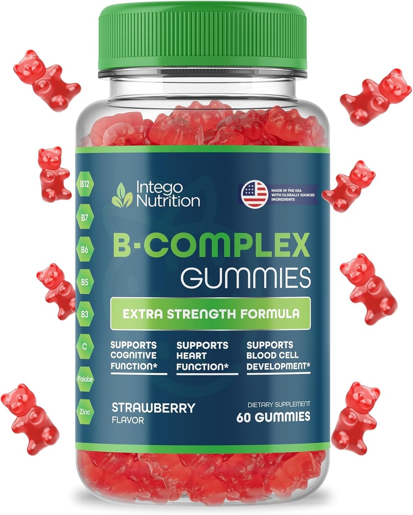 Vitamina B Complejo Gummies para Adultos, B Complejo Suplemento Vitamina para Mujeres y Hombres, B Vitaminas Complejo Gummies para Energía y Salud Cerebro, Sabor de Fresa Natural, 60 Condes