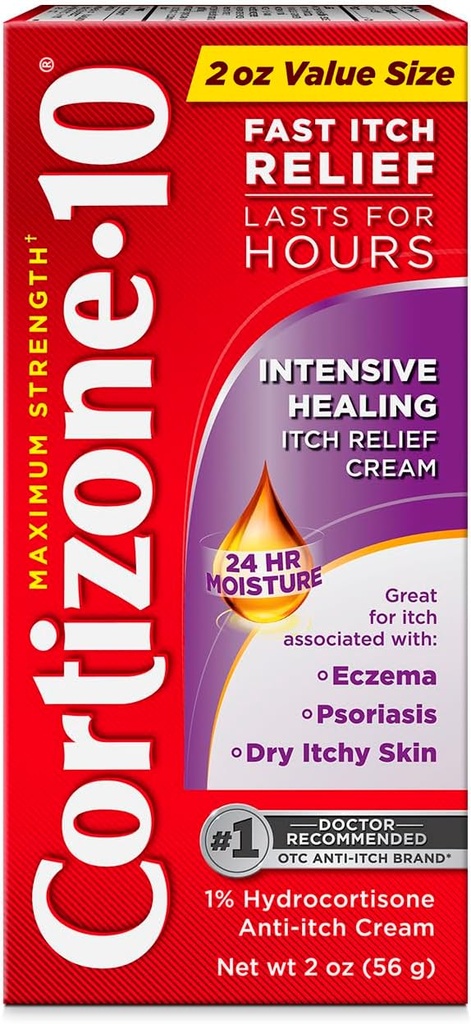 Cortizone-10 Crema de Alivio Intensivo de Sanación Máxima de Estrés, 1% de Hidrocortisona, Acción Rápida, Crema Anti-Itch para Bites Bug, Rash, Eczema, Psoriasis, Poison Ivy, Oak, Sumac &amp; More, 2 oz