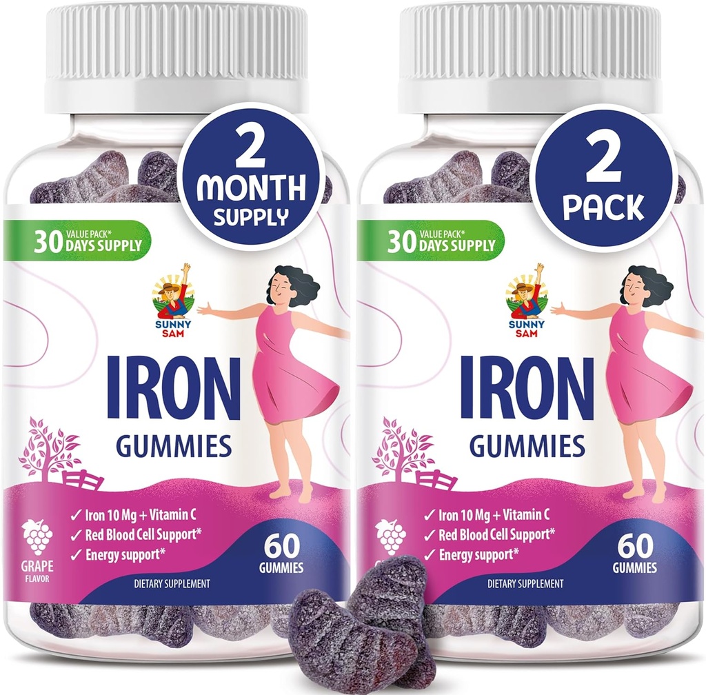 SUNNY SAM Iron Gummies for Kids &amp; Adults - Vitaminas de hierro con vitamina C, 10 mg por ser - Chewable Fruit Gummy for Immune Support Red Blood Cell Production